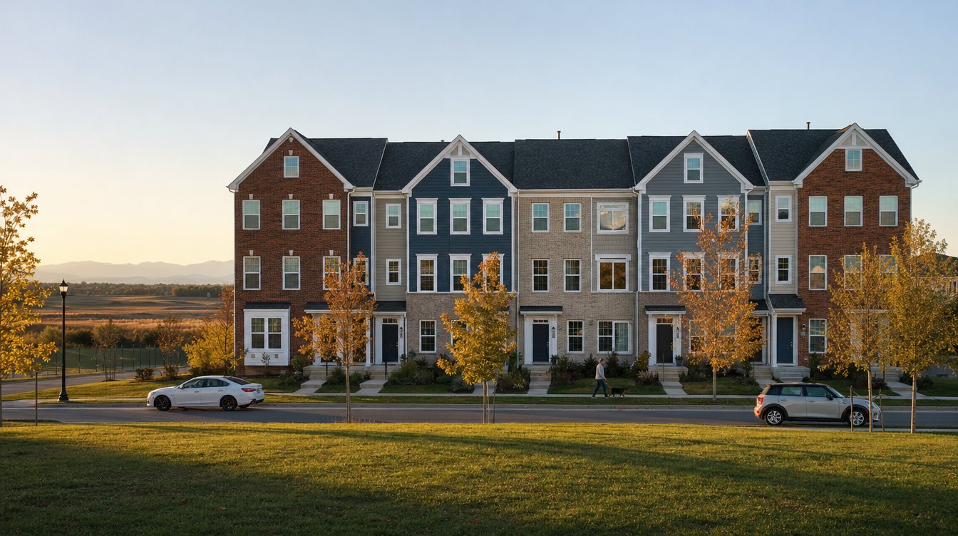 A row of brick and siding townhouses in Brambleton, Loudoun County, at golden hour with the Blue Ridge on the horizon