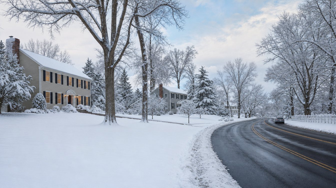 Franklin Farm Road in Oak Hill after a heavy snowfall, colonials set back behind snowy lawns