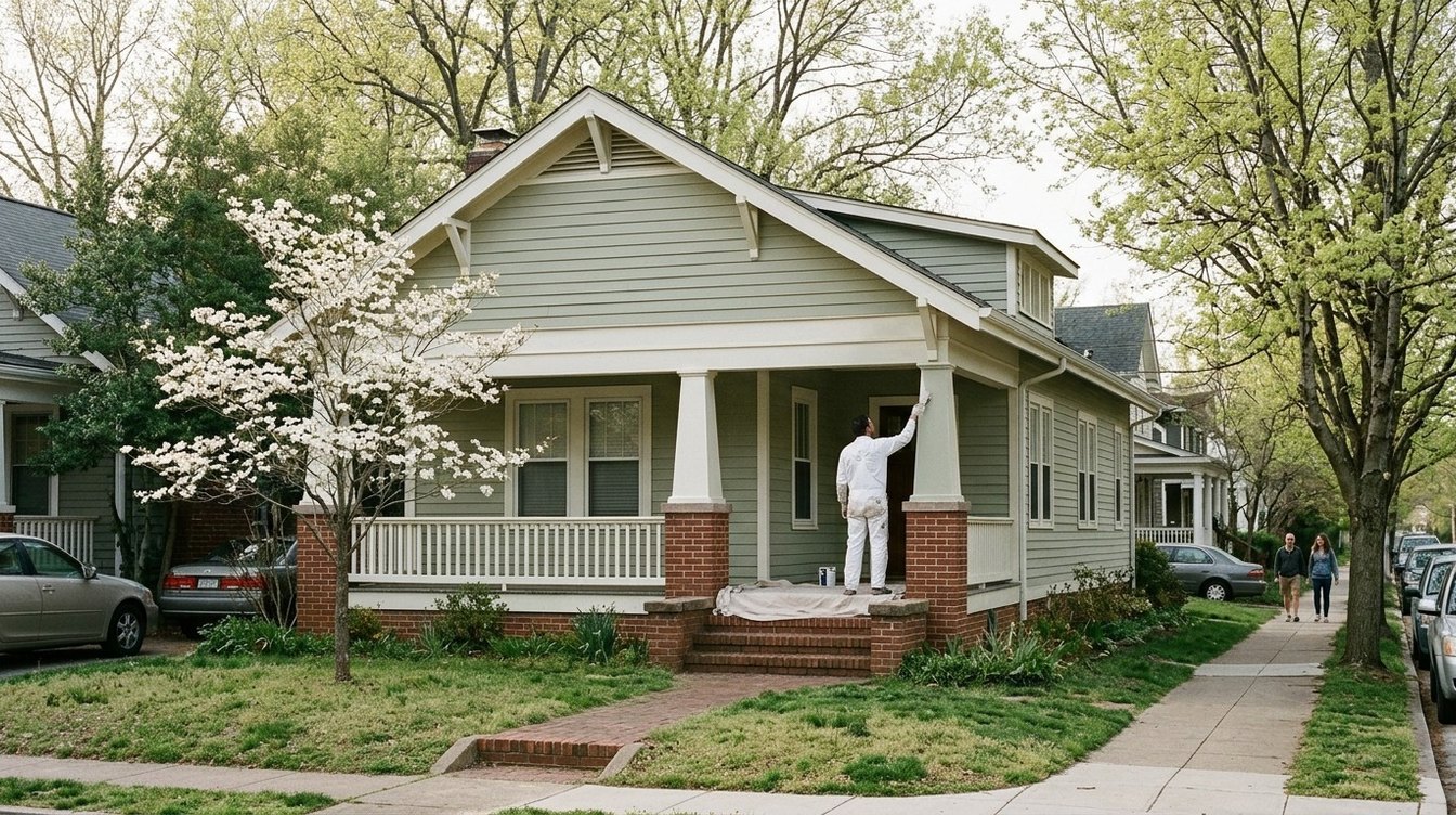 A painter seen from behind on a short ladder painting the porch railing of a Maywood house in Arlington in early spring