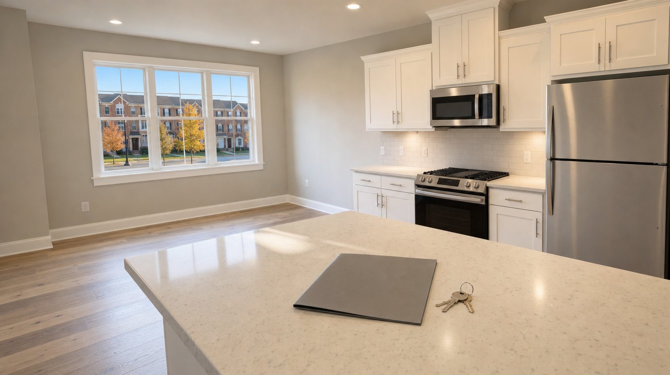 A blank lease folder and a set of keys on the quartz island of an empty, freshly painted townhouse kitchen, with brick townhouses outside the window