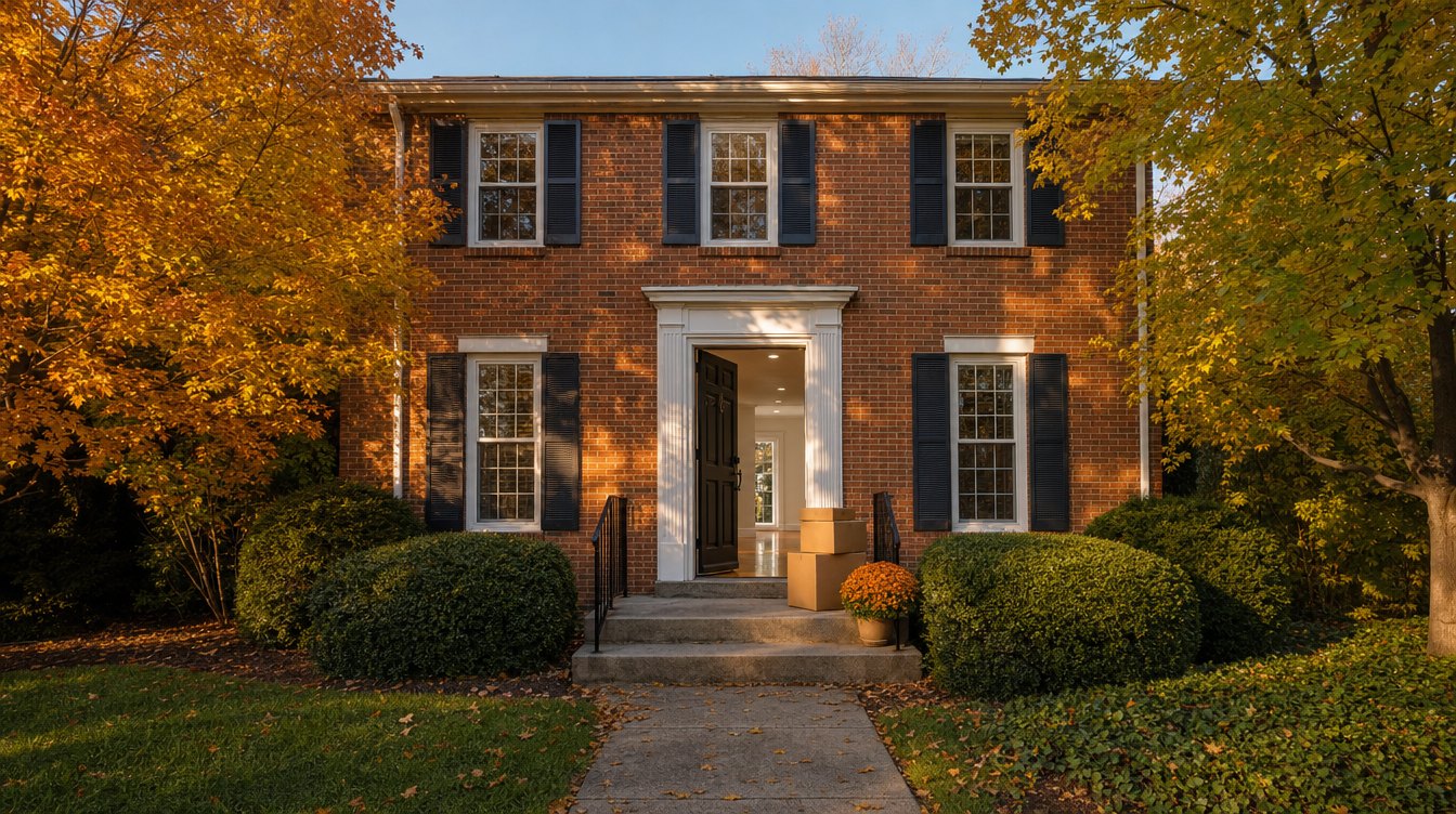 Moving boxes on the front step of a brick colonial with its front door open, between round boxwoods and a pot of mums in autumn sun