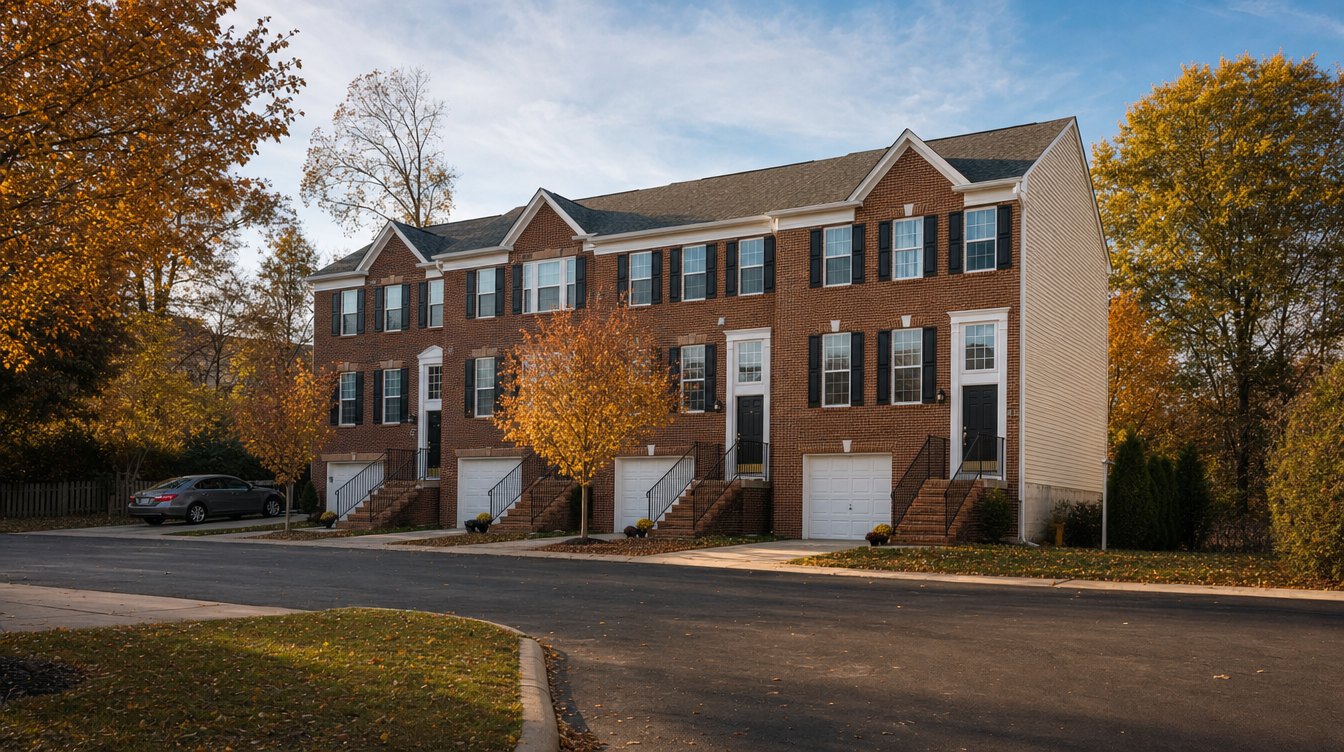 A row of brick townhouses with black shutters, front stoops and one-car garages under fall trees