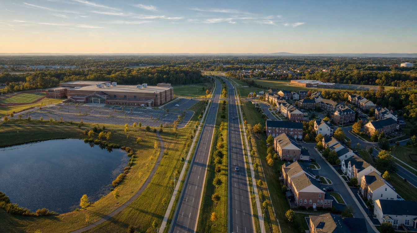 Aerial view at sunset of a divided parkway with a brick high school, its fields and a pond on one side and brick townhouses on curving streets on the other
