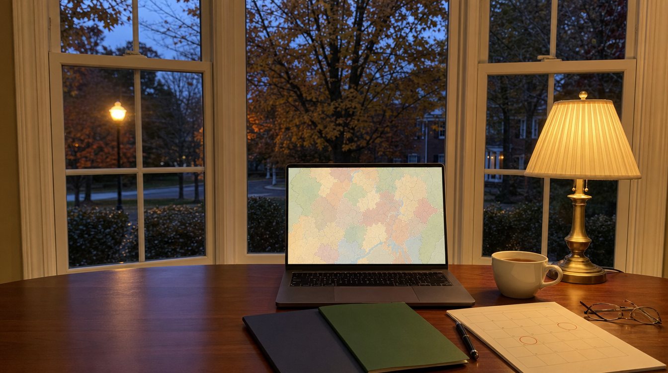 A laptop showing a colored school boundary map on a wooden table in front of a bay window at dusk, beside a lamp, a cup, two notebooks and a calendar with dates circled