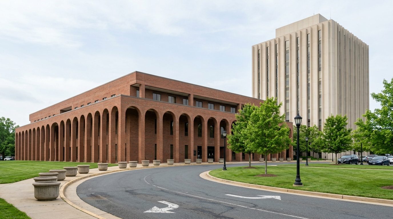 Concept image: the red-brick arcade and concrete tower of the Fairfax County Courthouse in the City of Fairfax on a June morning