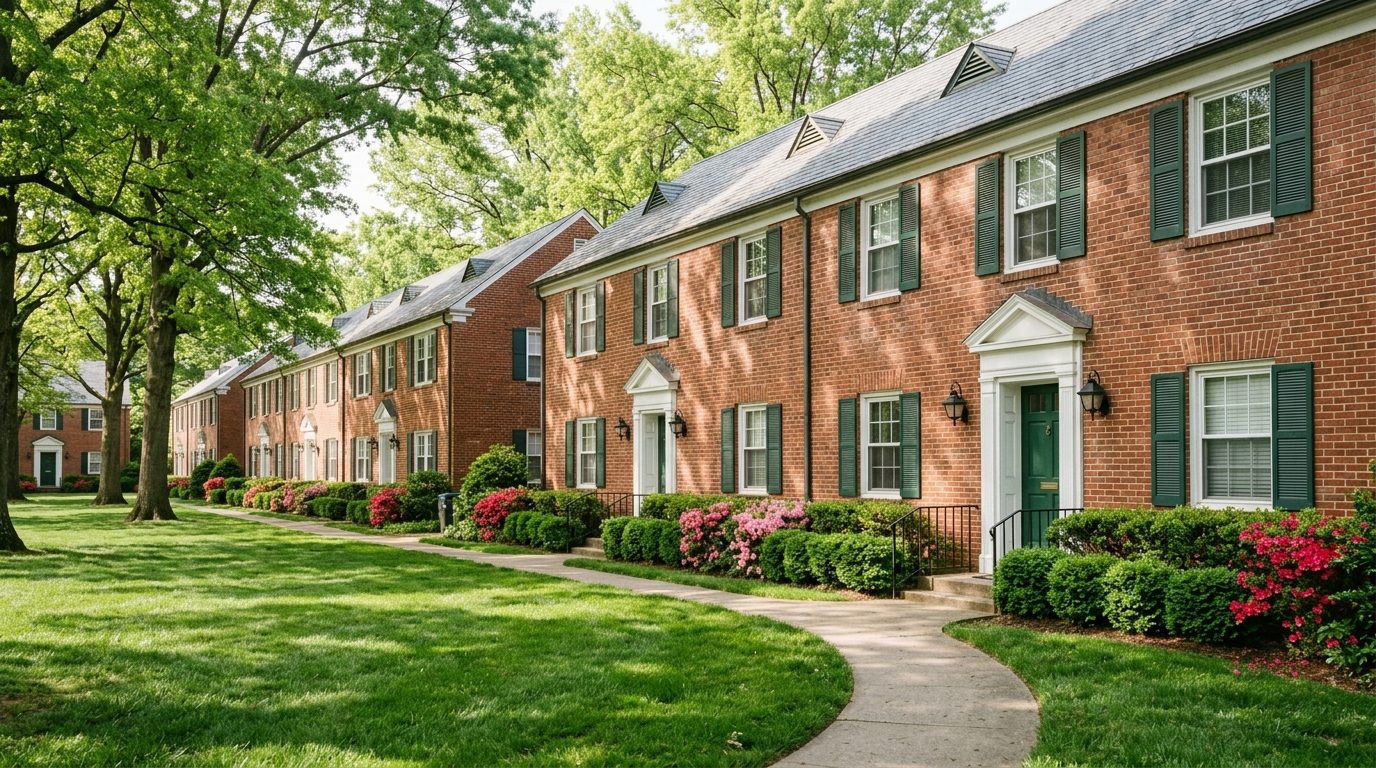 Concept image: red-brick 1940s garden apartments with green shutters and blooming azaleas in Buckingham, Arlington