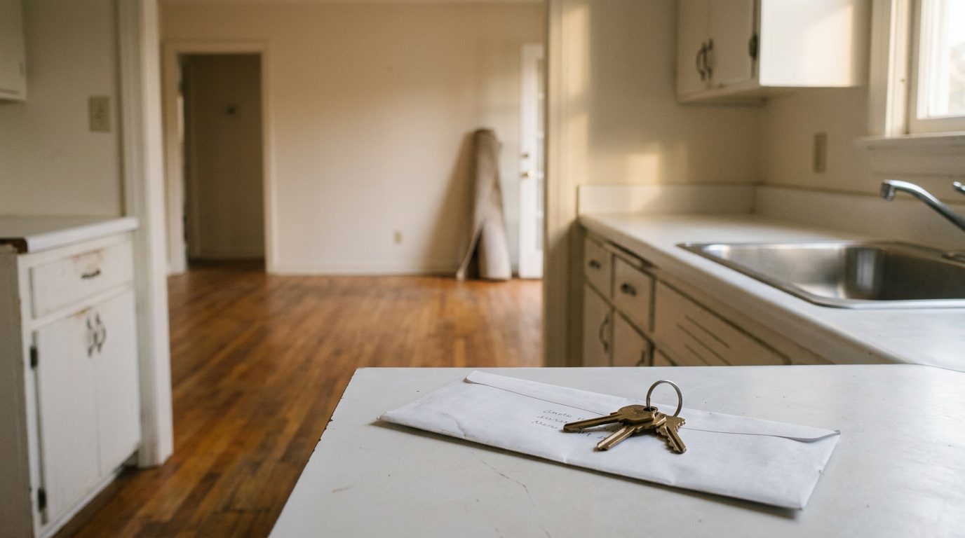Concept image: two house keys and a forwarding-address card on a clean kitchen counter in an empty home