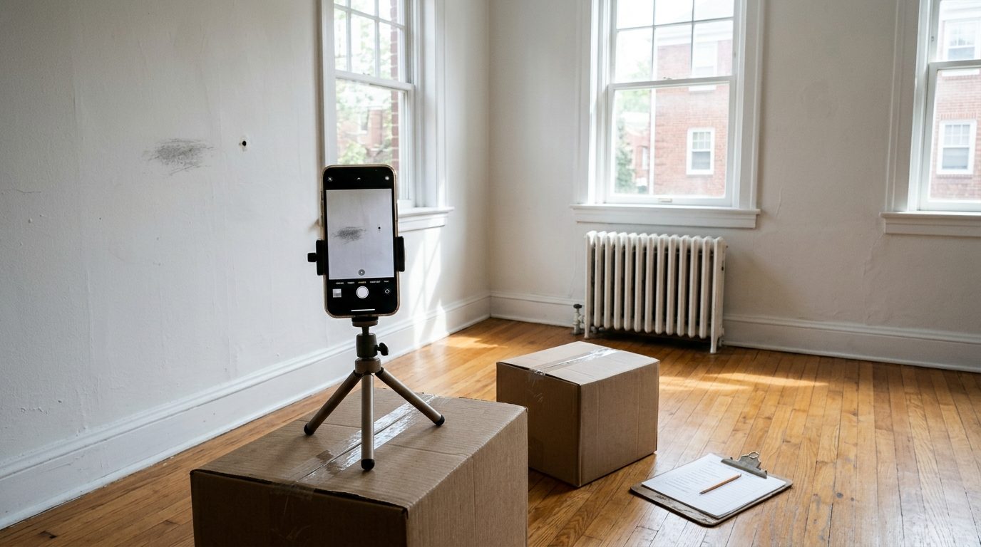 Concept image: a phone taking a photo of a scuffed wall in an empty living room on move-in day