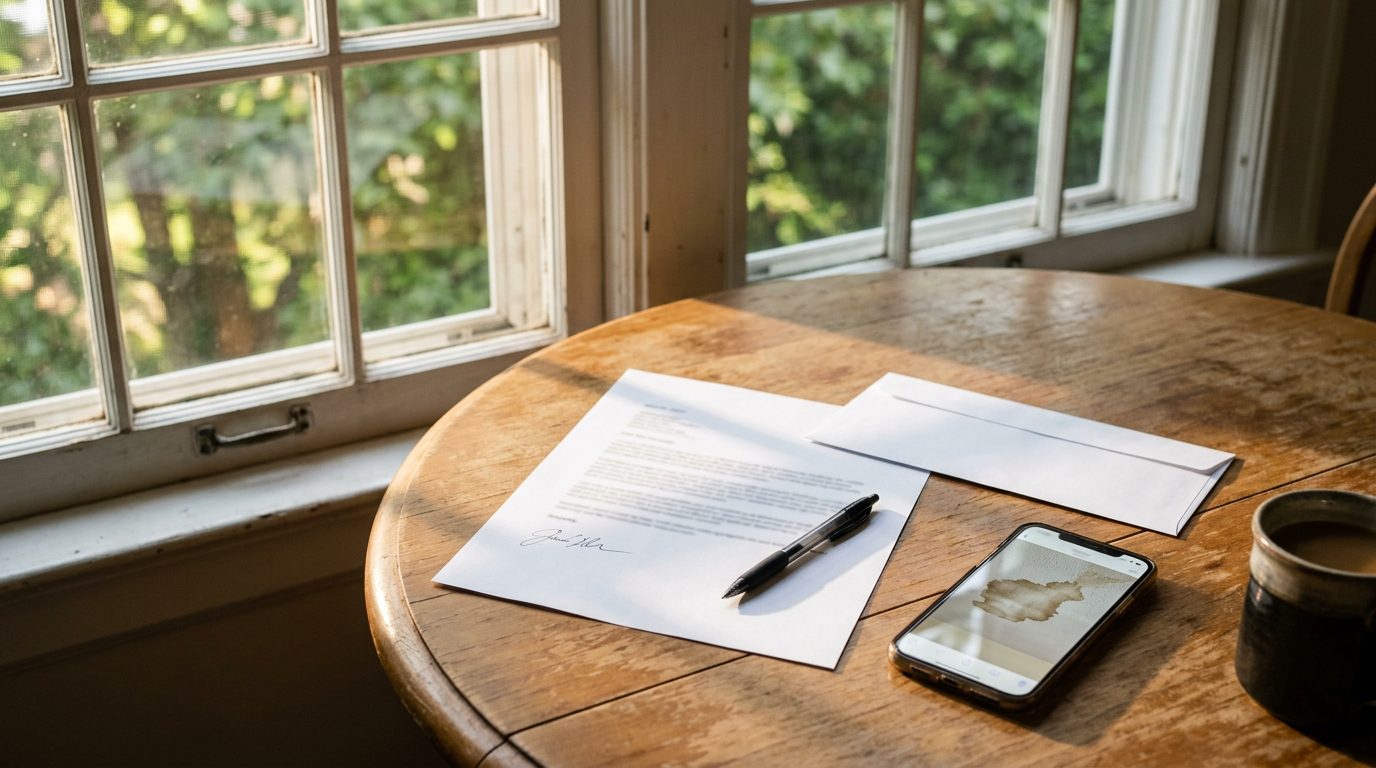 Concept image: a dated repair letter, a pen and a phone showing a photo of a leak, on a kitchen table