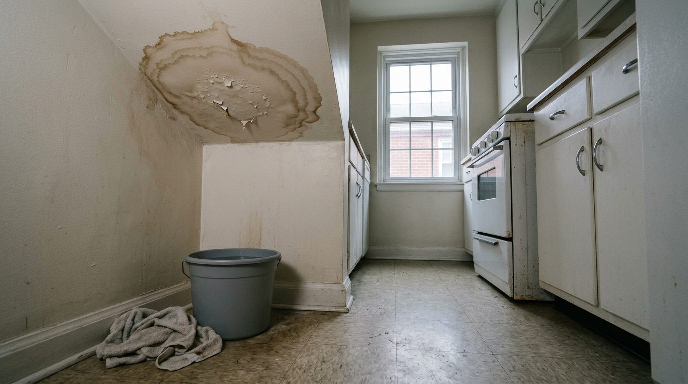 Concept image: a brown water stain spreading on a white ceiling above a bucket on a kitchen floor