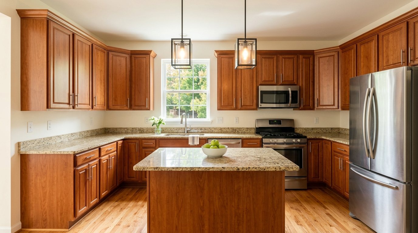 Concept image: a 2000s Northern Virginia kitchen with its original cherry cabinets and granite counters, refreshed with new brushed-nickel pulls, bright new pendant lights and clear, clean counters