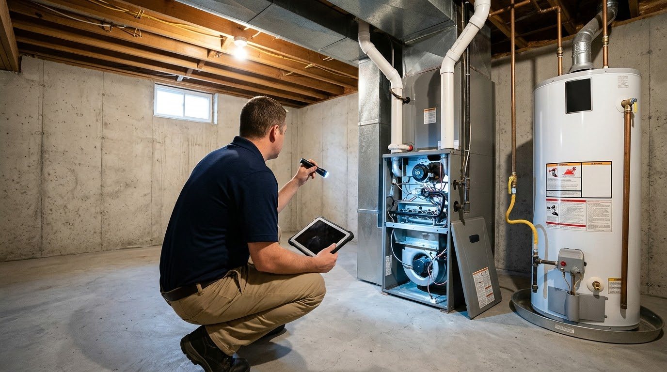 Concept image: a home inspector seen from behind shining a flashlight on a furnace and water heater in an unfinished Northern Virginia basement, a tablet in his other hand