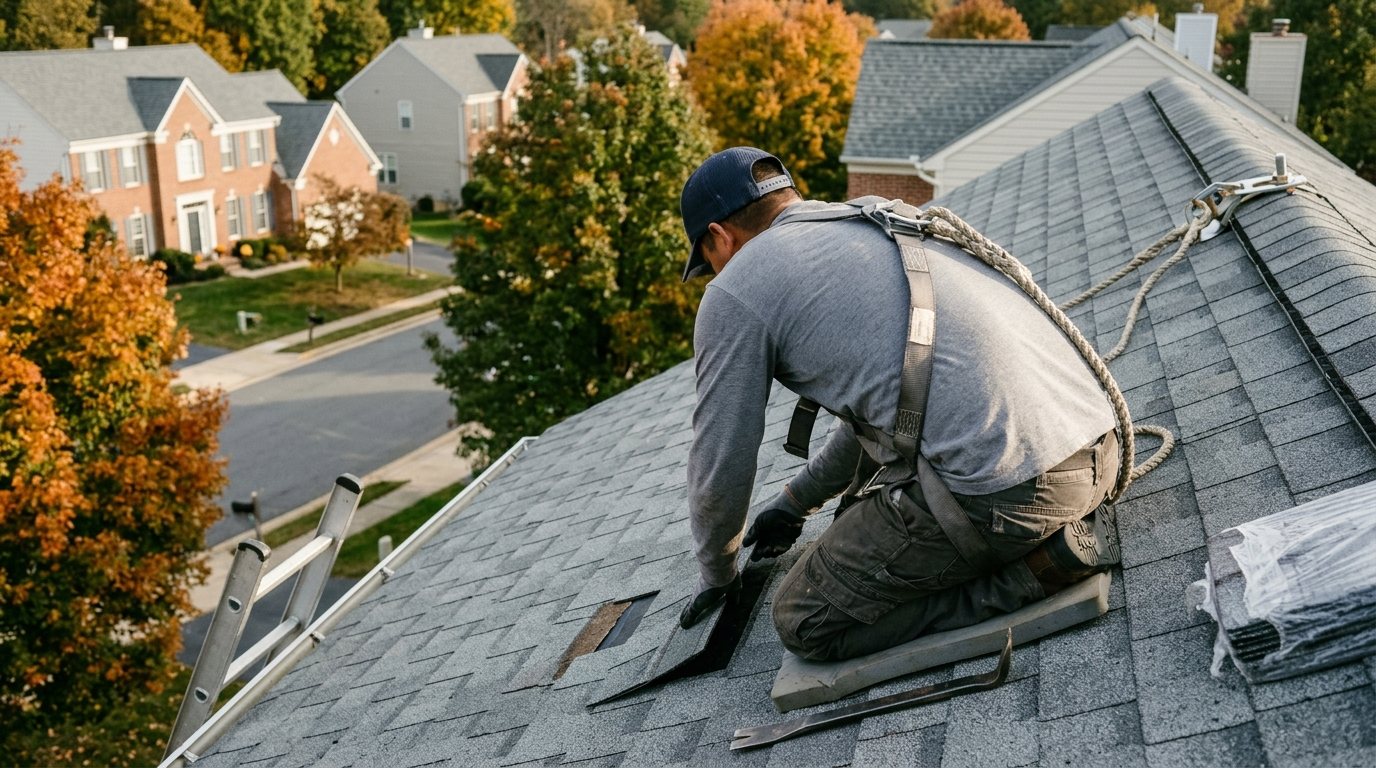 Concept image: a roofer seen from behind replacing a few damaged asphalt shingles on a brick-front colonial in Northern Virginia, with a bundle of matching shingles beside him