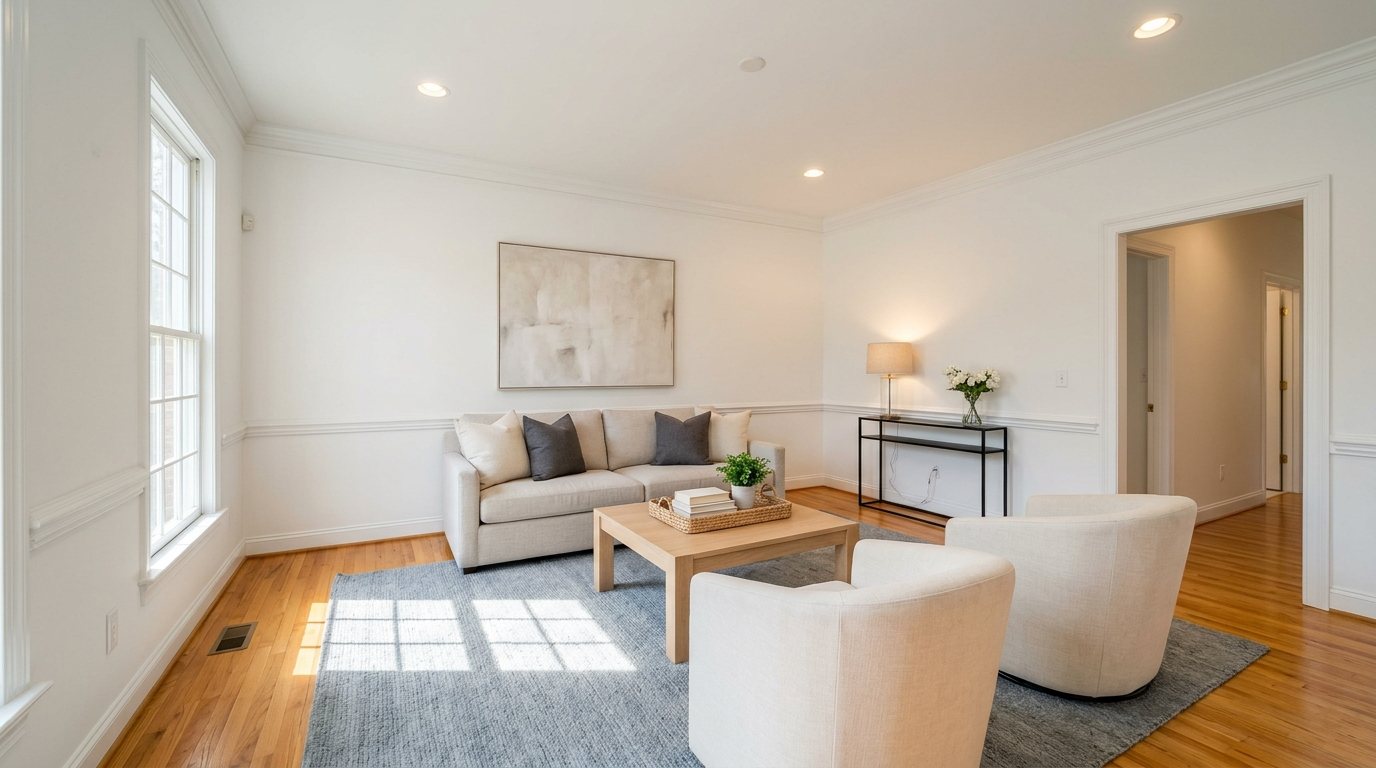 Concept image: a staged family room in a Northern Virginia colonial with a light sofa, a simple rug, a coffee table, one plant and cleared surfaces, afternoon light through tall windows