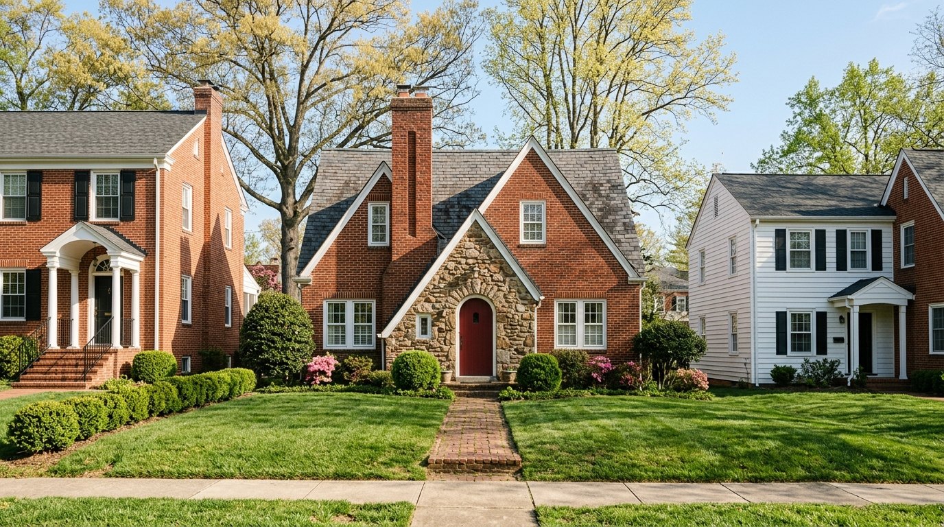 A red-brick Tudor-style cottage with a steep gable, a tall chimney and a red arched door sits between a brick colonial and a white clapboard house under trees in fresh spring leaf.