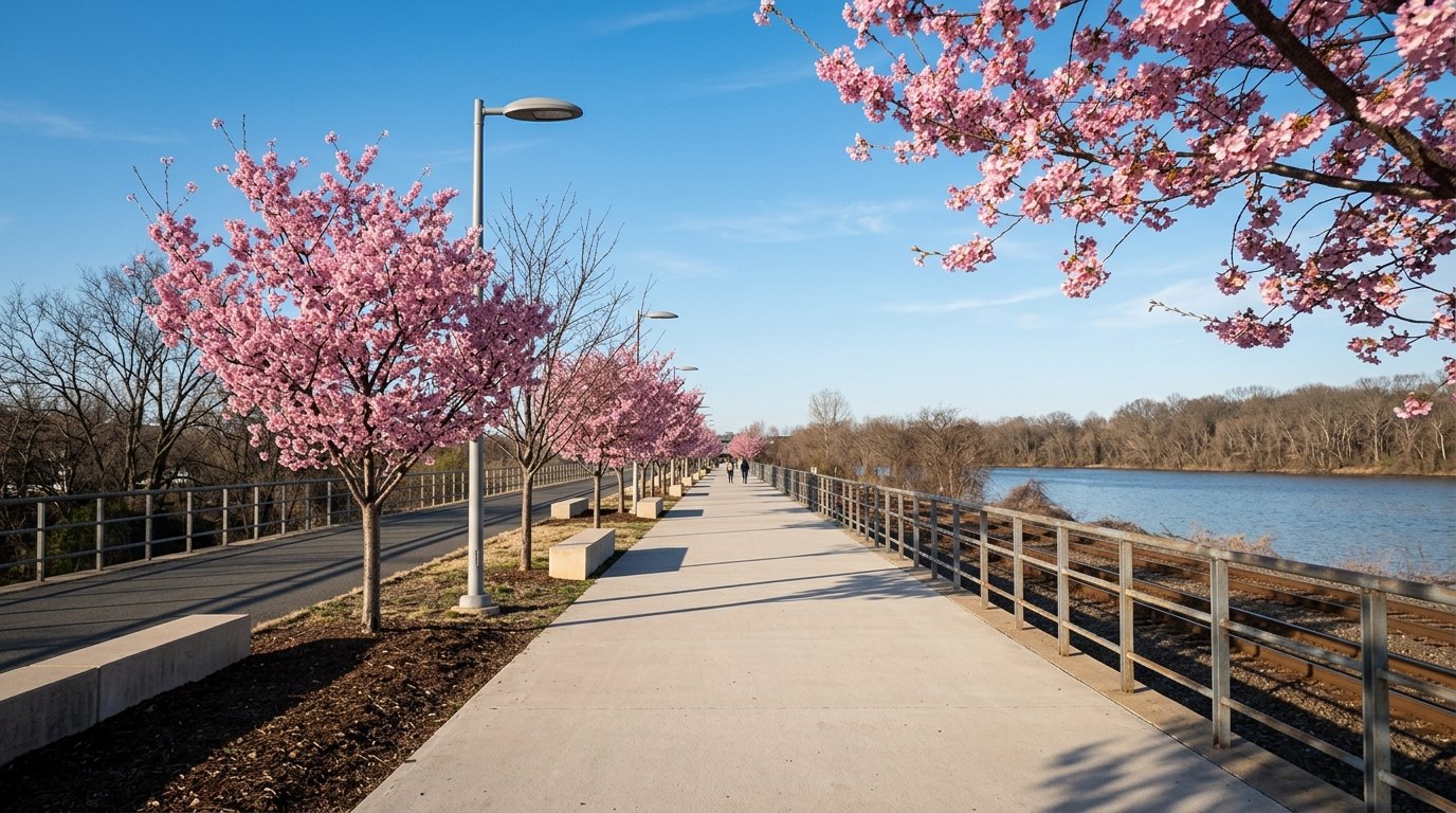 Pink Okame cherry trees in full bloom line a wide promenade beside railroad tracks at Long Bridge Park, with blue water and bare trees beyond under a clear sky.