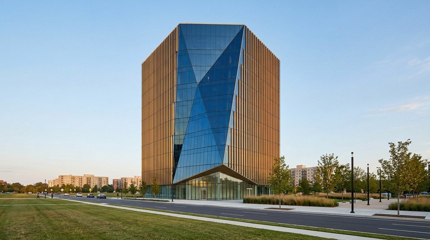 A faceted eleven-story glass building covered in thin gold-colored fins rises behind a landscaped plaza with tall grasses and young trees under a deep blue sky.