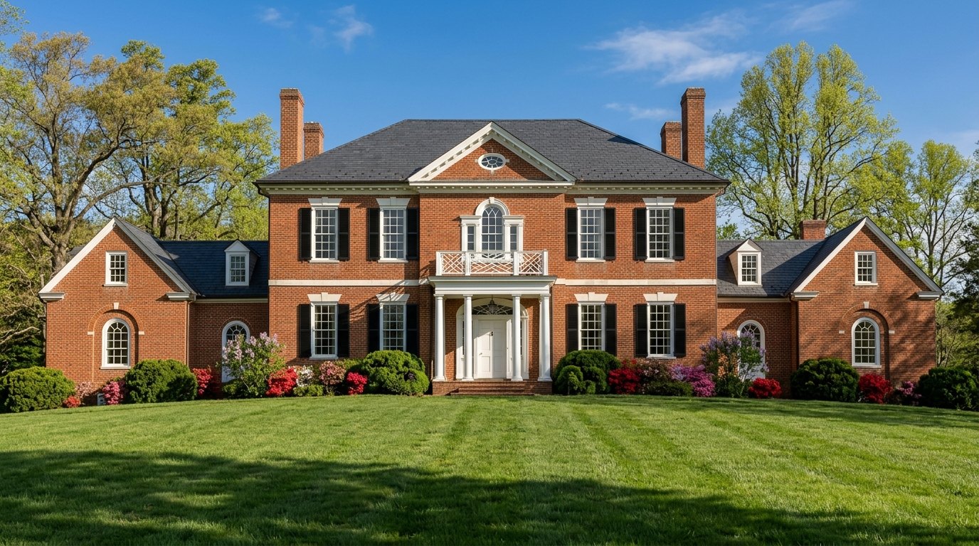 The red brick Federal-style Woodlawn house, with a white porch and balcony at its center, stands above a green lawn with pink and red azaleas blooming along its base.