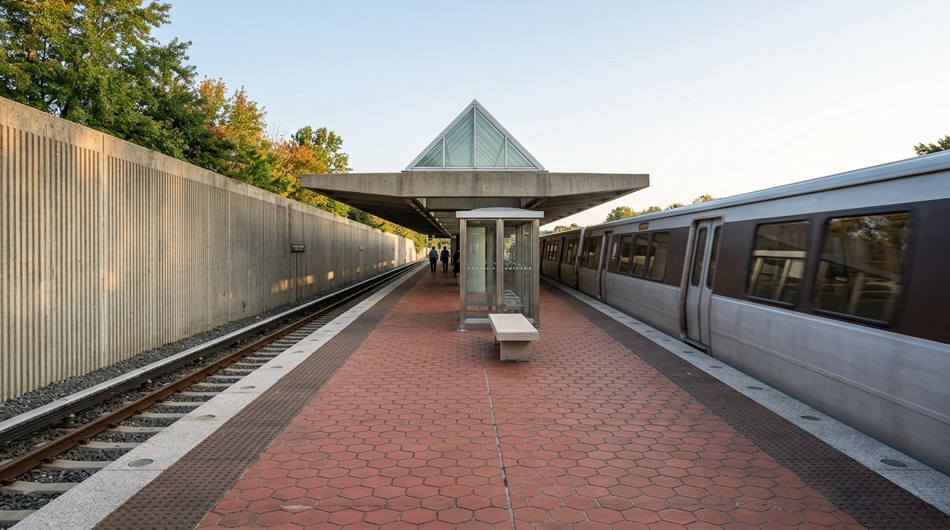 A silver Metro train arrives at an open-air platform paved in red hexagonal tiles between ribbed concrete walls, with a glass-topped concrete canopy ahead.