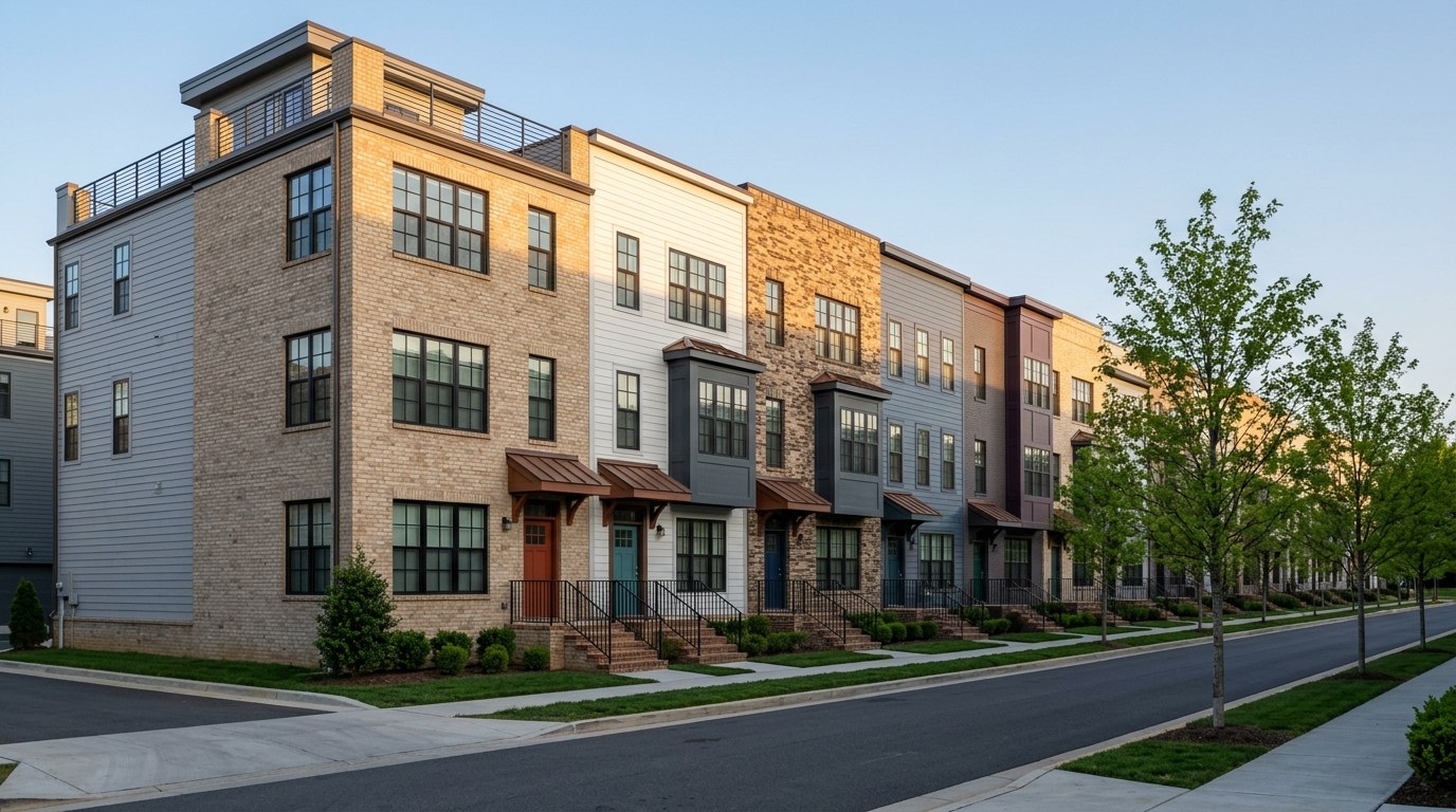 A row of new four-level townhomes in mixed brick and colored siding with black windows and bright front doors in warm evening sun.
