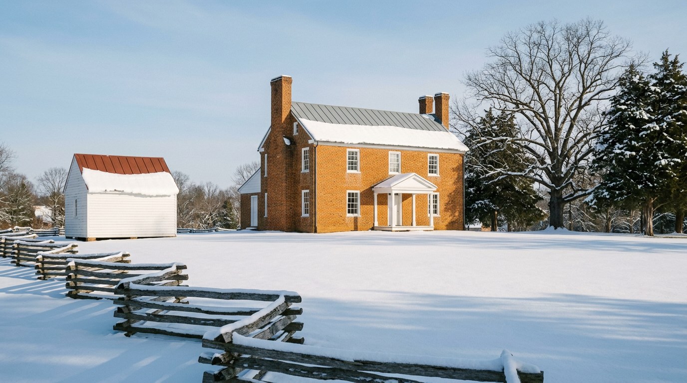 A two-story red-brick farmhouse and a small white outbuilding with a red roof across a snowy lawn, with a split-rail fence in front and a bare oak at right.