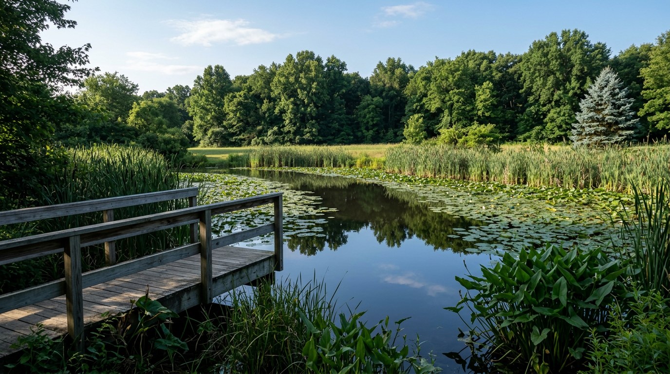 A still summer pond covered in green lily pads, edged with reeds and a wooden overlook, under a blue sky with full green trees behind.