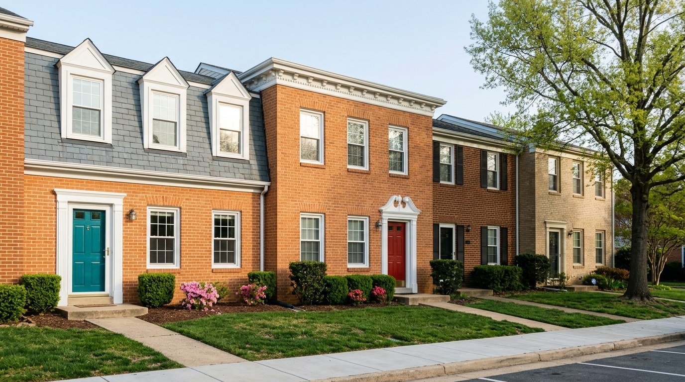 A row of brick colonial-style townhouses with white trim, a gray mansard top floor with dormers, and red and teal front doors behind small spring lawns.