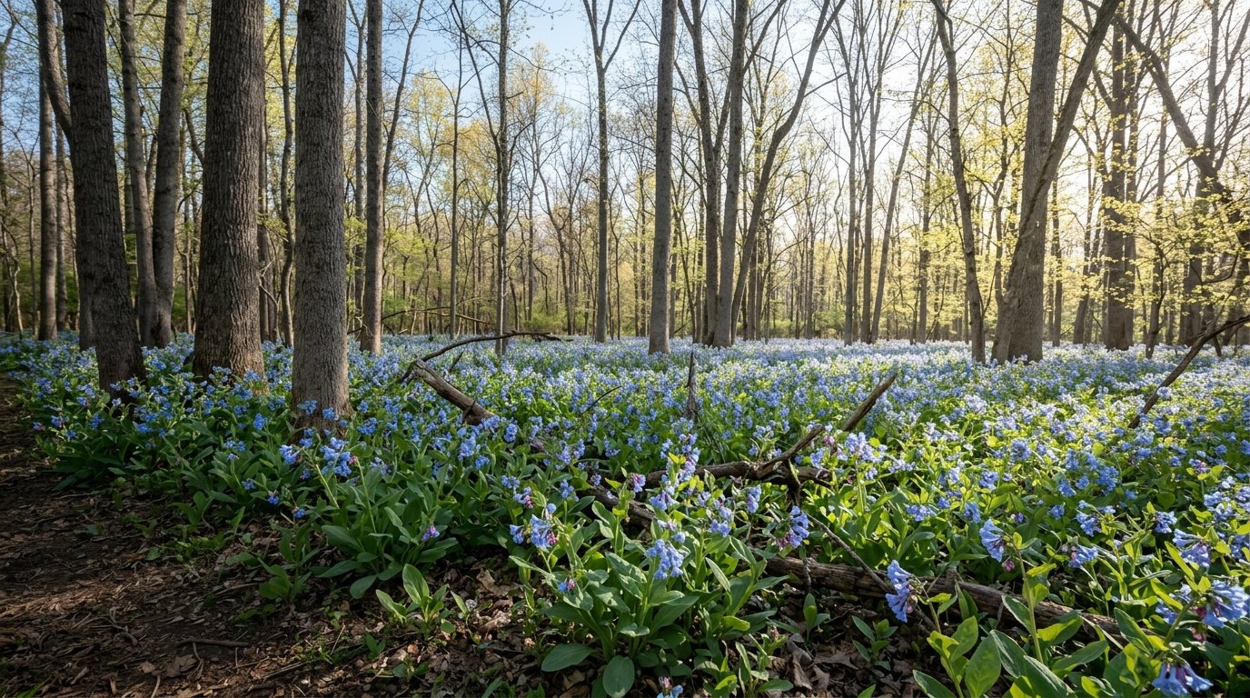 A floodplain forest in early spring with tall, widely spaced trees and the ground covered in sky-blue Virginia bluebells lit by morning sun.