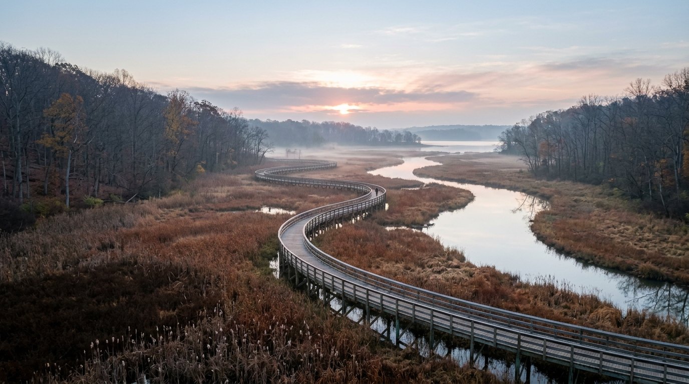 A wooden boardwalk curves in S-bends across a russet autumn marsh with a still, misty channel under a pink and gold sunrise sky.
