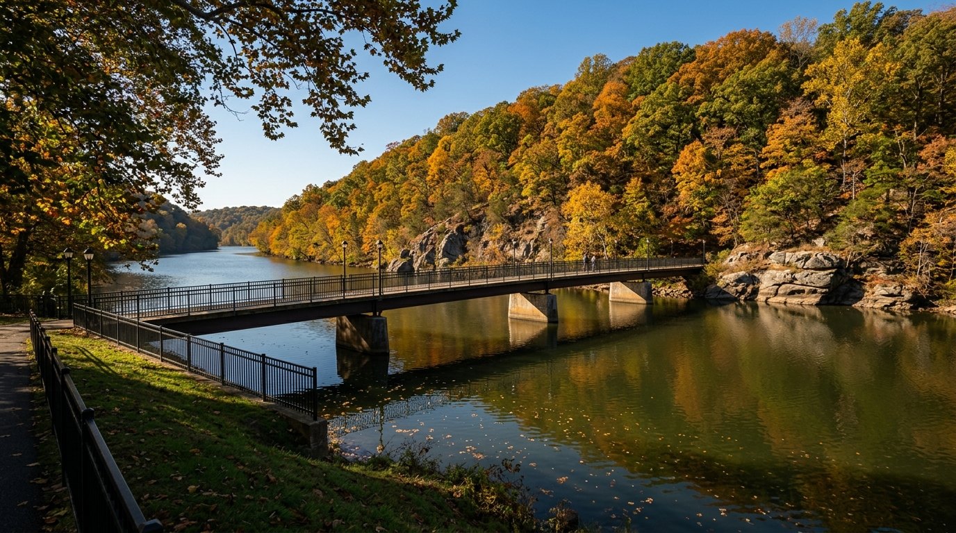 A long, low footbridge with black railings crosses the calm Occoquan River below a steep hillside of gold and orange fall trees under a blue sky.