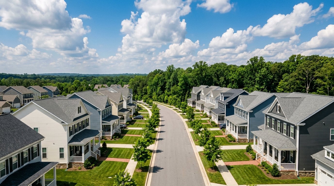 Low aerial view of a curving street of two-story homes with white-columned front porches in white, blue and charcoal, with young street trees and woods beyond under summer clouds.