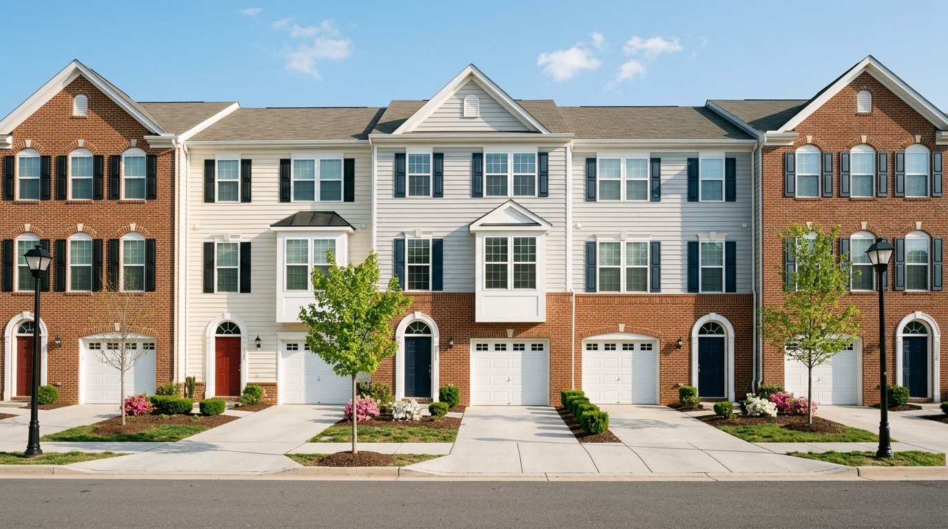A row of three-story townhouses with alternating red brick and pale siding fronts, white trim, shutters and white garage doors on a quiet street in spring.