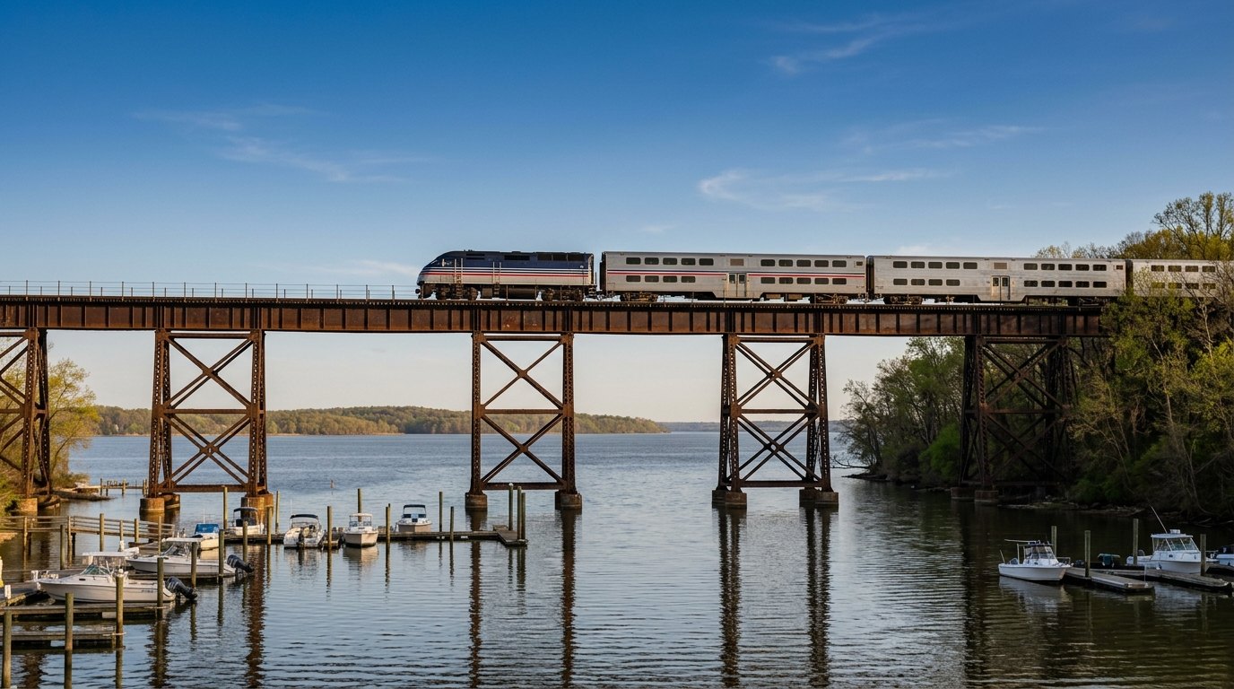 A silver two-level commuter train crosses a long dark steel railroad trestle over a creek mouth, with white boats moored below and the Potomac River beyond.