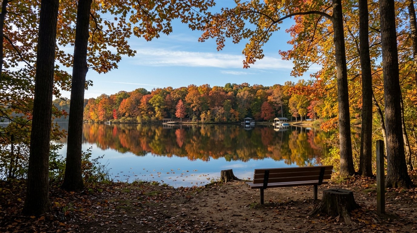A still lake mirrors a far shore of red, orange and gold trees under a blue sky, seen from a bench in a leafy clearing at the water's edge.