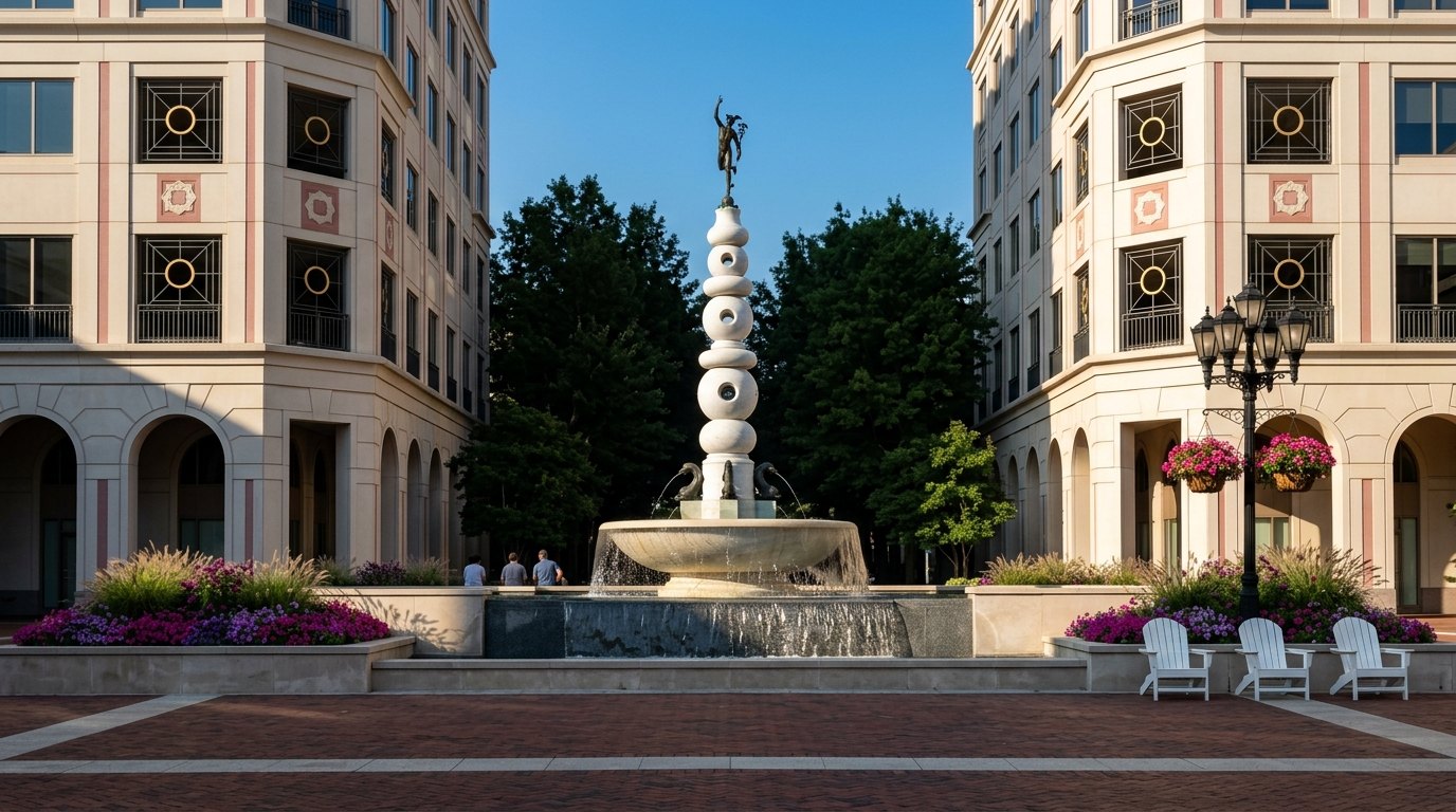 A tall white fountain topped by a small bronze figure spills water into a dark stone water wall and pool between two pale limestone towers, with pink flowers, white chairs and a red-brick plaza under a blue summer sky.