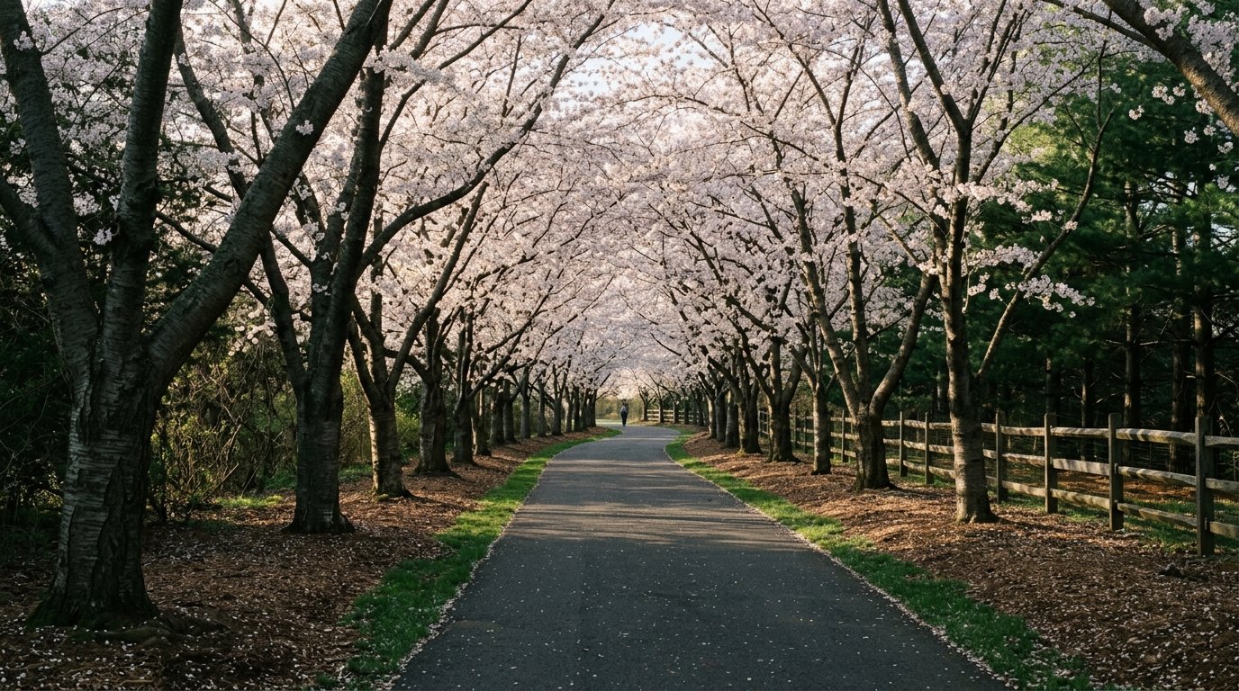 A paved path curves under two rows of cherry trees whose pale pink-white blossoms meet overhead, beside a split-rail fence and tall pines.