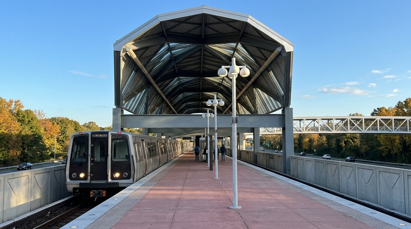 A stainless-steel Metro train with a black front pulls along an open-air platform toward a tall faceted glass-and-metal station canopy, with a white truss footbridge beyond and fall trees along the highway.