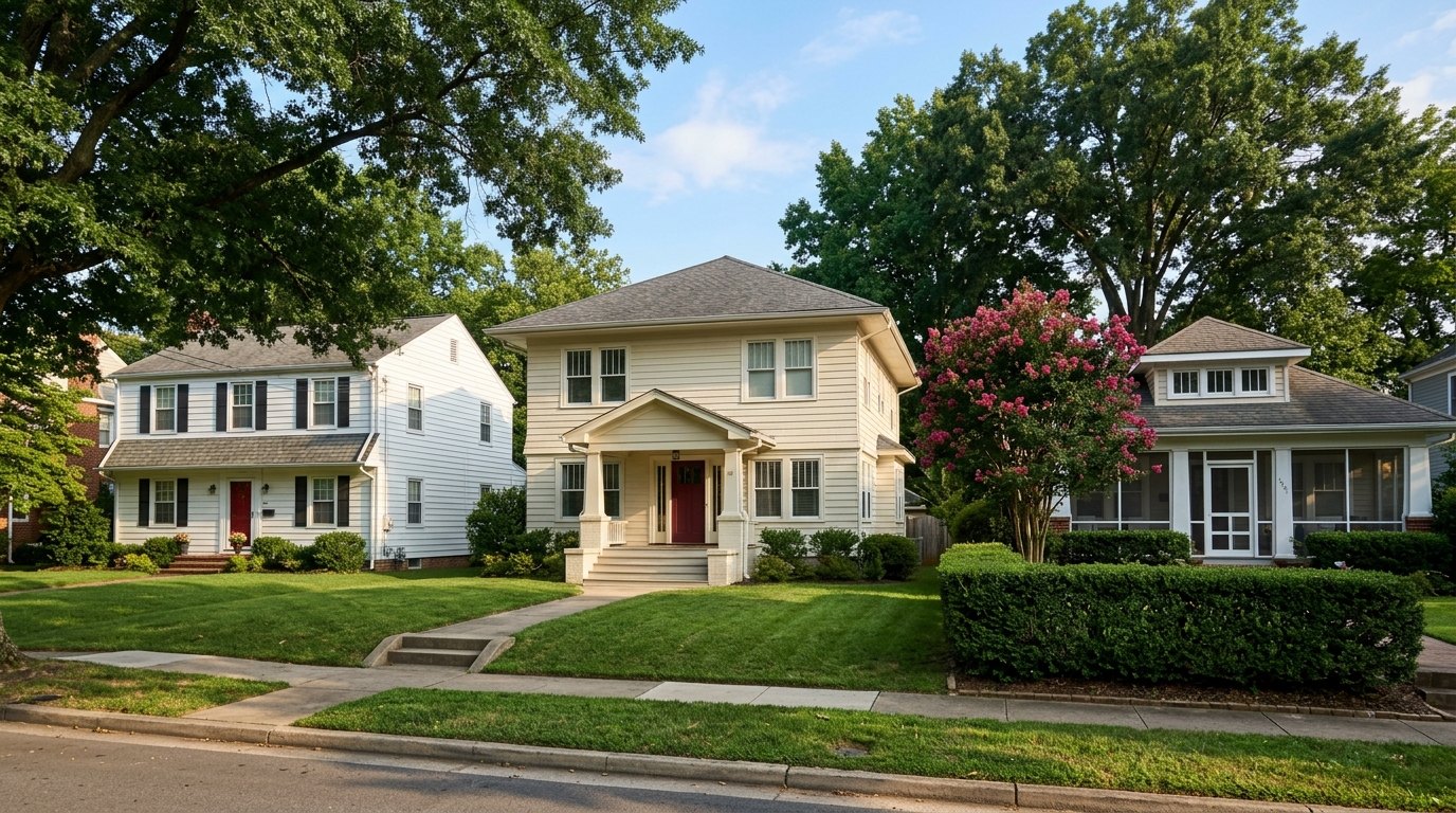 A cream foursquare house with a gabled front porch between a white colonial and a bungalow with a pink crape myrtle, under tall oaks in summer.