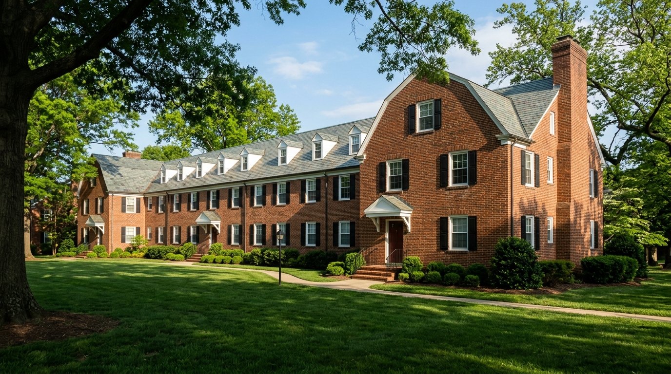 A long two-story red-brick Colonial Revival building with black shutters, white dormers and a slate roof behind a shaded green lawn under big trees.