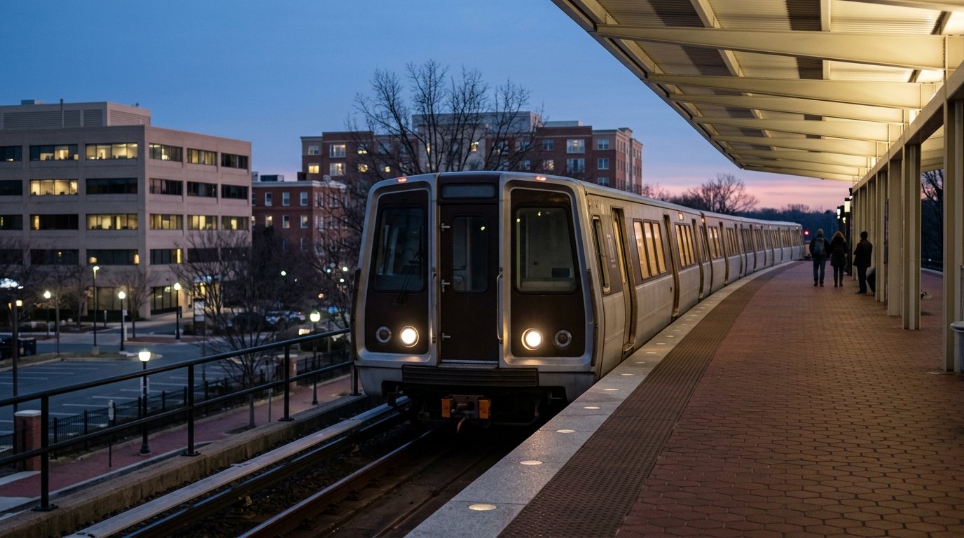 A silver Metro train with glowing headlights arriving at an elevated station platform of red hexagon pavers under a lit canopy at dusk.