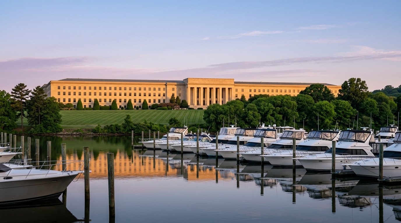 The long limestone facade of the Pentagon and its pillared River Entrance glowing gold at sunrise behind white boats moored in a calm marina.