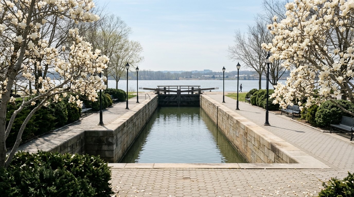 A long stone-walled canal lock basin leading to wooden lock gates and the wide Potomac River, framed by white magnolias in bloom.