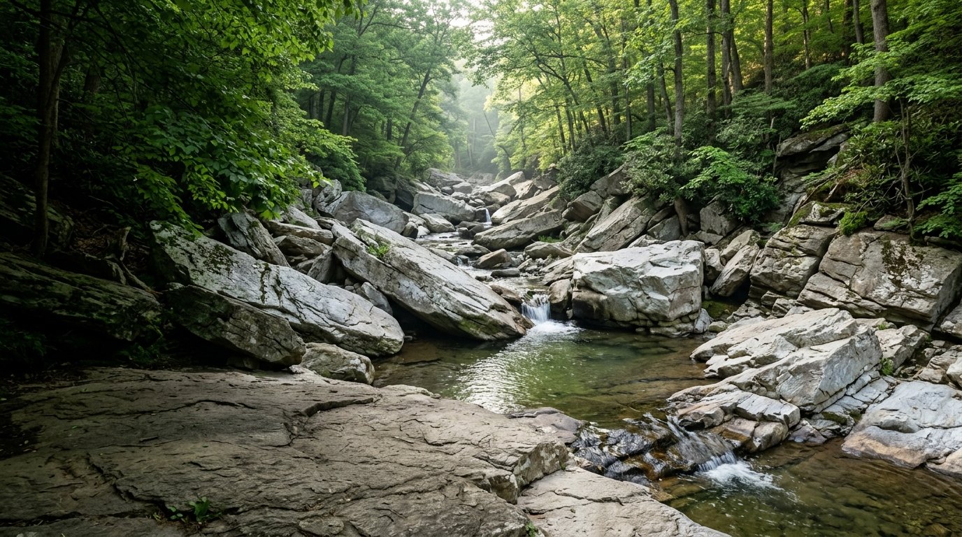 A clear, shallow creek winding through pale gray boulders in a green, tree-lined gorge on a soft summer morning.