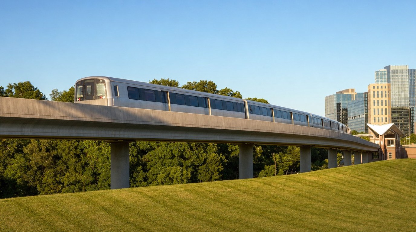 A silver Metro train rounding a long elevated concrete curve through green treetops toward McLean station in golden afternoon light.