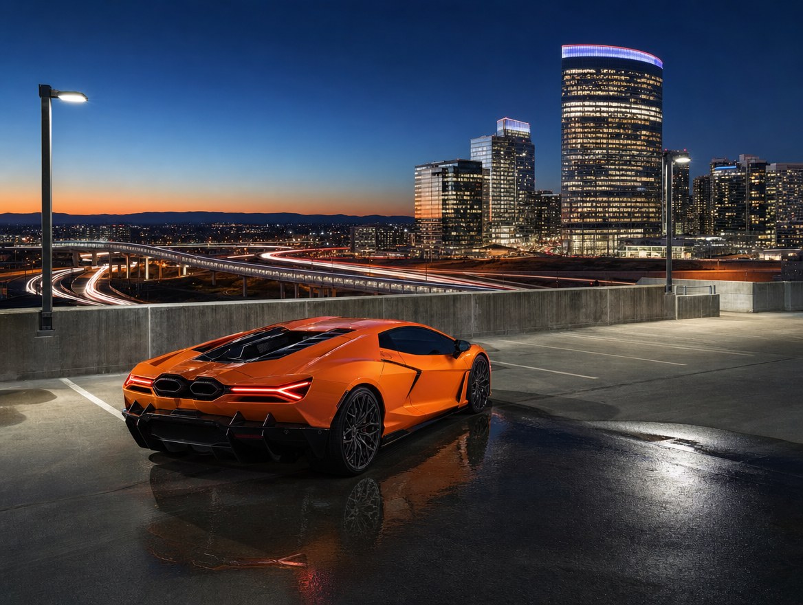 An orange Lamborghini Revuelto on the wet top deck of a parking garage in Tysons at blue hour, with lit towers and highway light trails behind it.