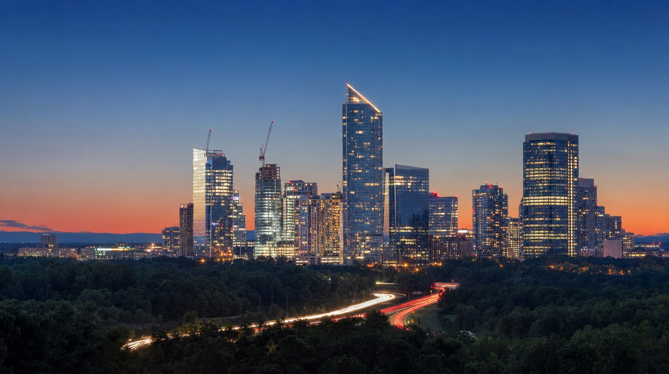 The Tysons towers at blue hour seen from the south across a sea of treetops, office windows glowing, two cranes among the towers and car light trails on a curving highway below.