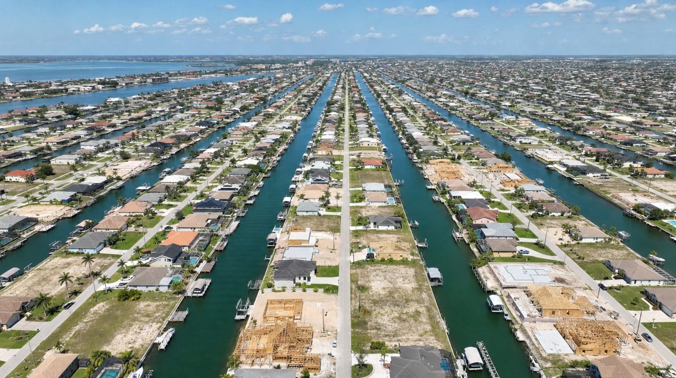 Canals and new houses in Cape Coral, Florida, from the air