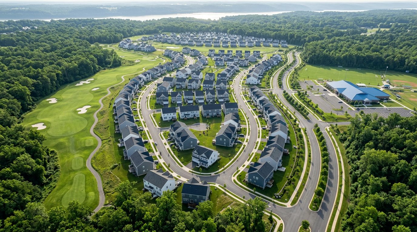 A summer drone view over Potomac Shores: curving streets of new homes beside a golf course, with the Potomac River on the horizon