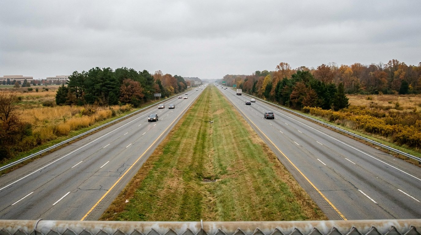 The Dulles Greenway at Ashburn on an overcast fall day, with a wide grass median and no rail line yet