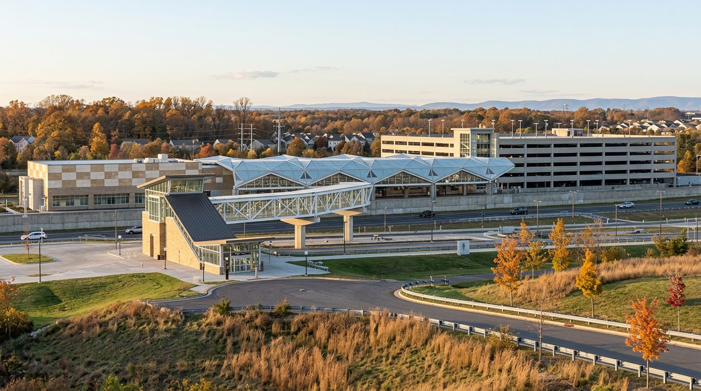 Ashburn Metro station in late afternoon fall light: a white steel footbridge over the Dulles Greenway, the glass platform canopy and a parking garage